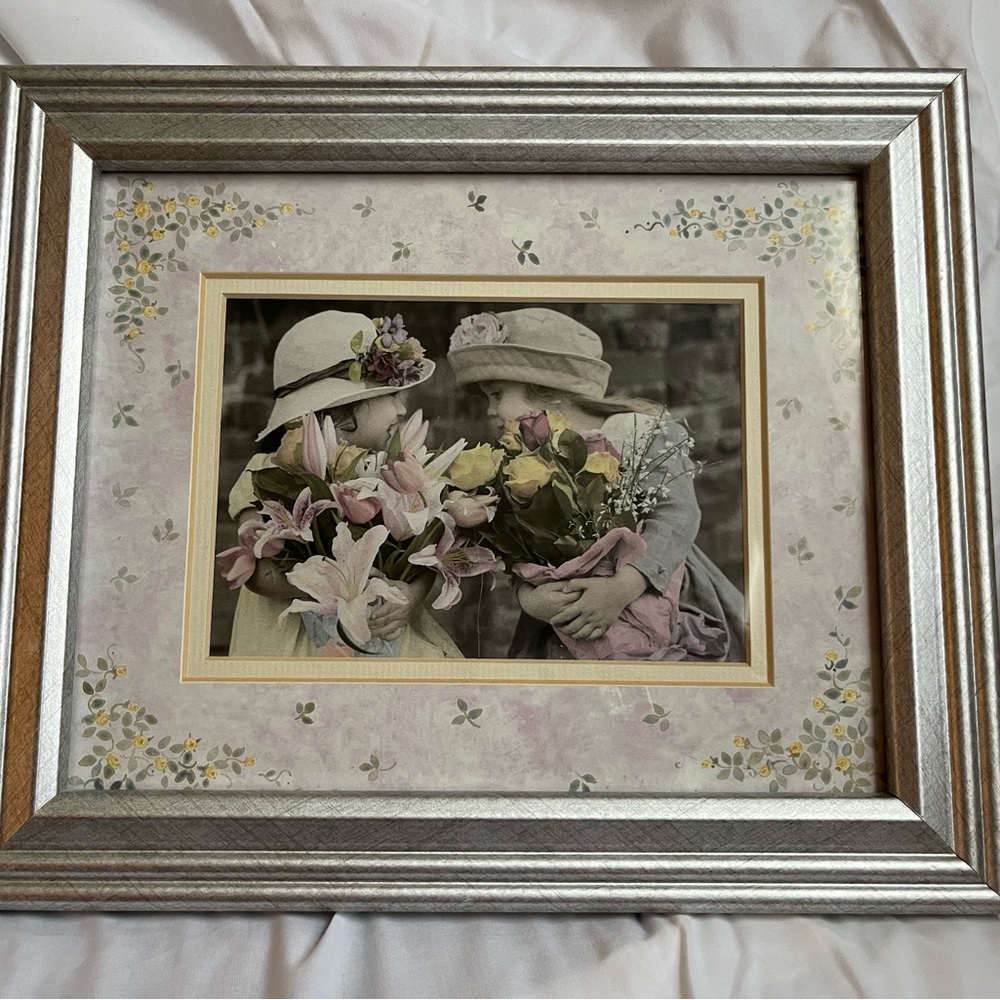 Framed art vintage look 2 little girls with flowers